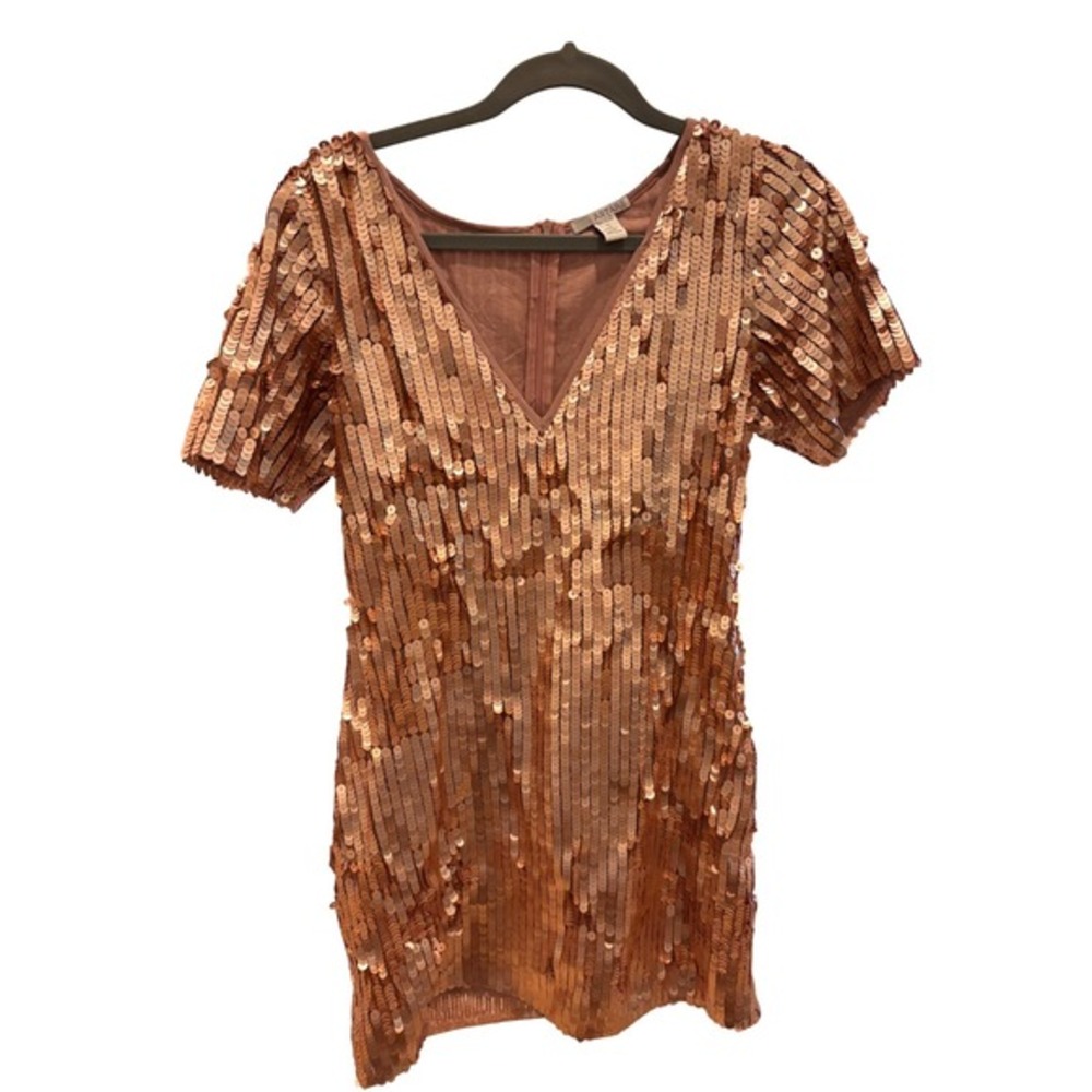 ASTARS Rose Gold Sequin V Neck Short Sleeve‎ Mini Dress Party Evening